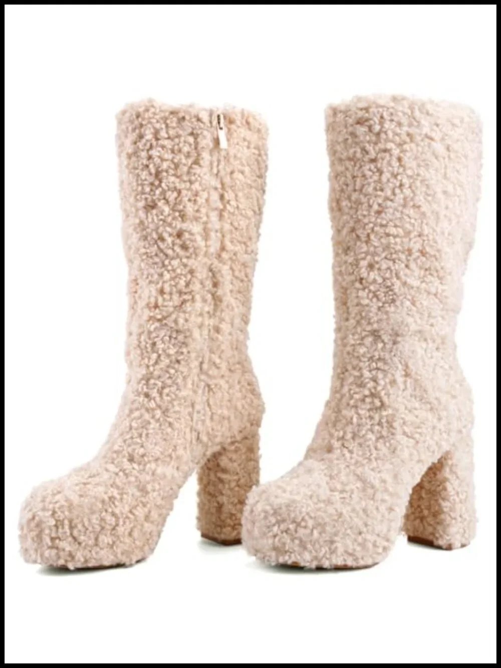 Women's Mid Calf Curly Faux Fur Winter Boots, Chunky Heel Platform Side Zip
